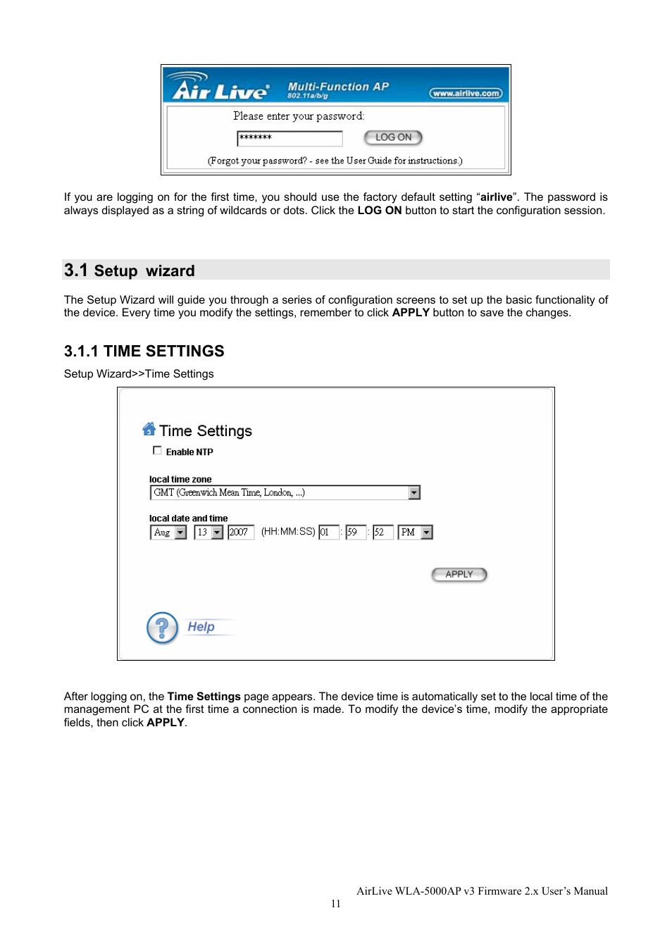 Setup wizard, 1 time settings | AirLive WLA-5000AP v3 User Manual | Page 17 / 77