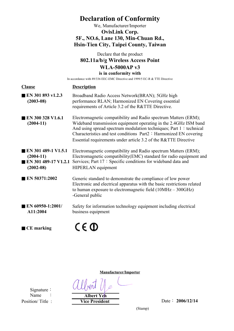 Sheet1, Declaration of conformity | AirLive WLA-5000AP v3 User Manual | Page 2 / 77