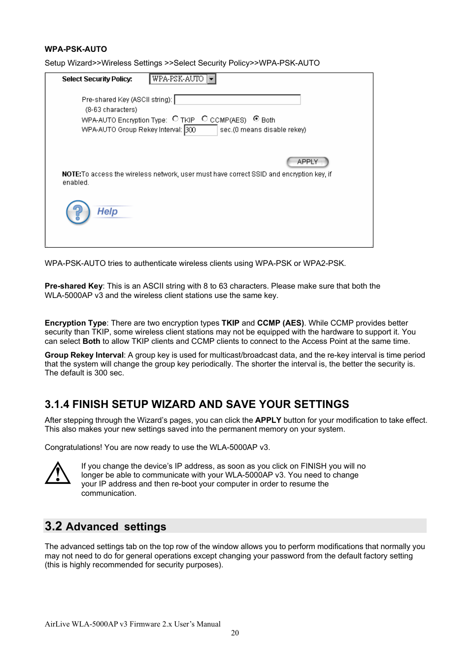 4 finish setup wizard and save your settings, Advanced settings | AirLive WLA-5000AP v3 User Manual | Page 26 / 77