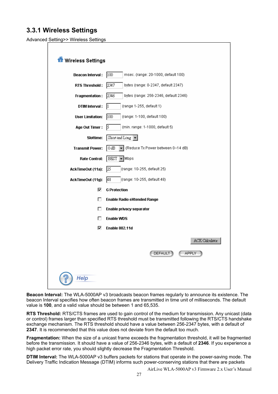 1 wireless settings | AirLive WLA-5000AP v3 User Manual | Page 33 / 77