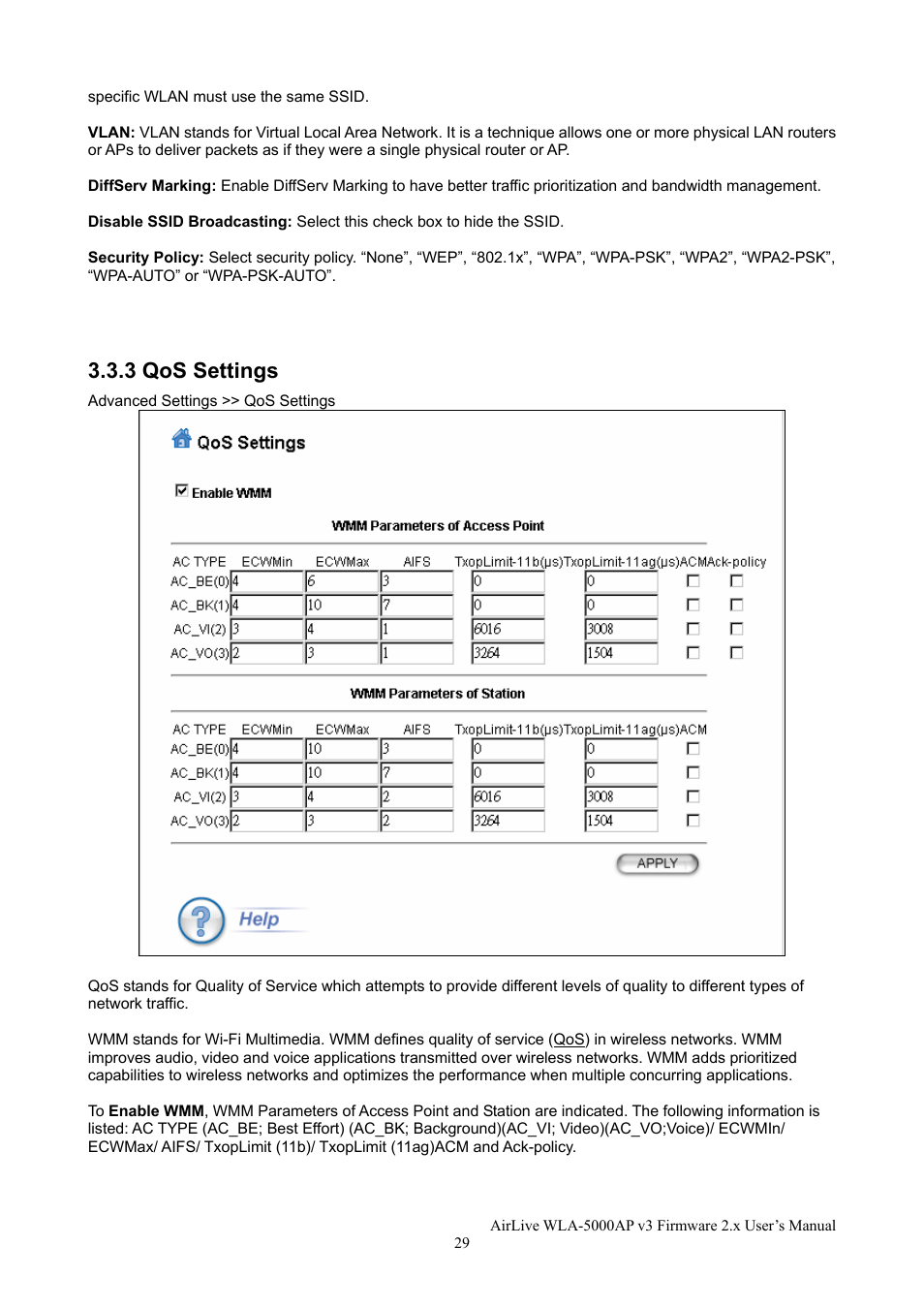 3 qos settings | AirLive WLA-5000AP v3 User Manual | Page 35 / 77