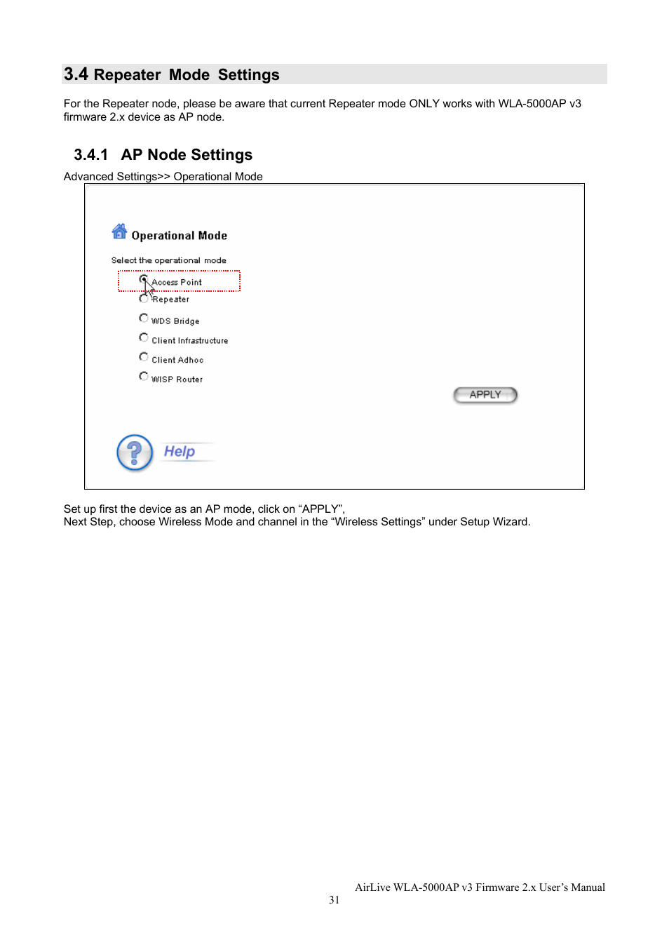 Repeater mode settings, 1 ap node settings | AirLive WLA-5000AP v3 User Manual | Page 37 / 77