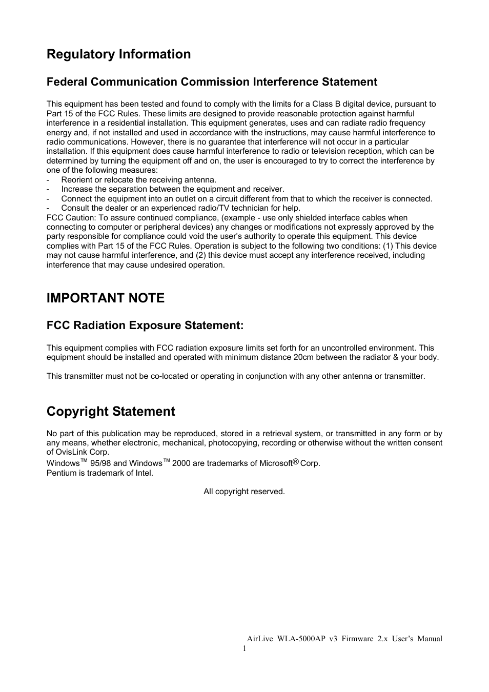 Regulatory information, Copyright statement, Fcc radiation exposure statement | AirLive WLA-5000AP v3 User Manual | Page 4 / 77