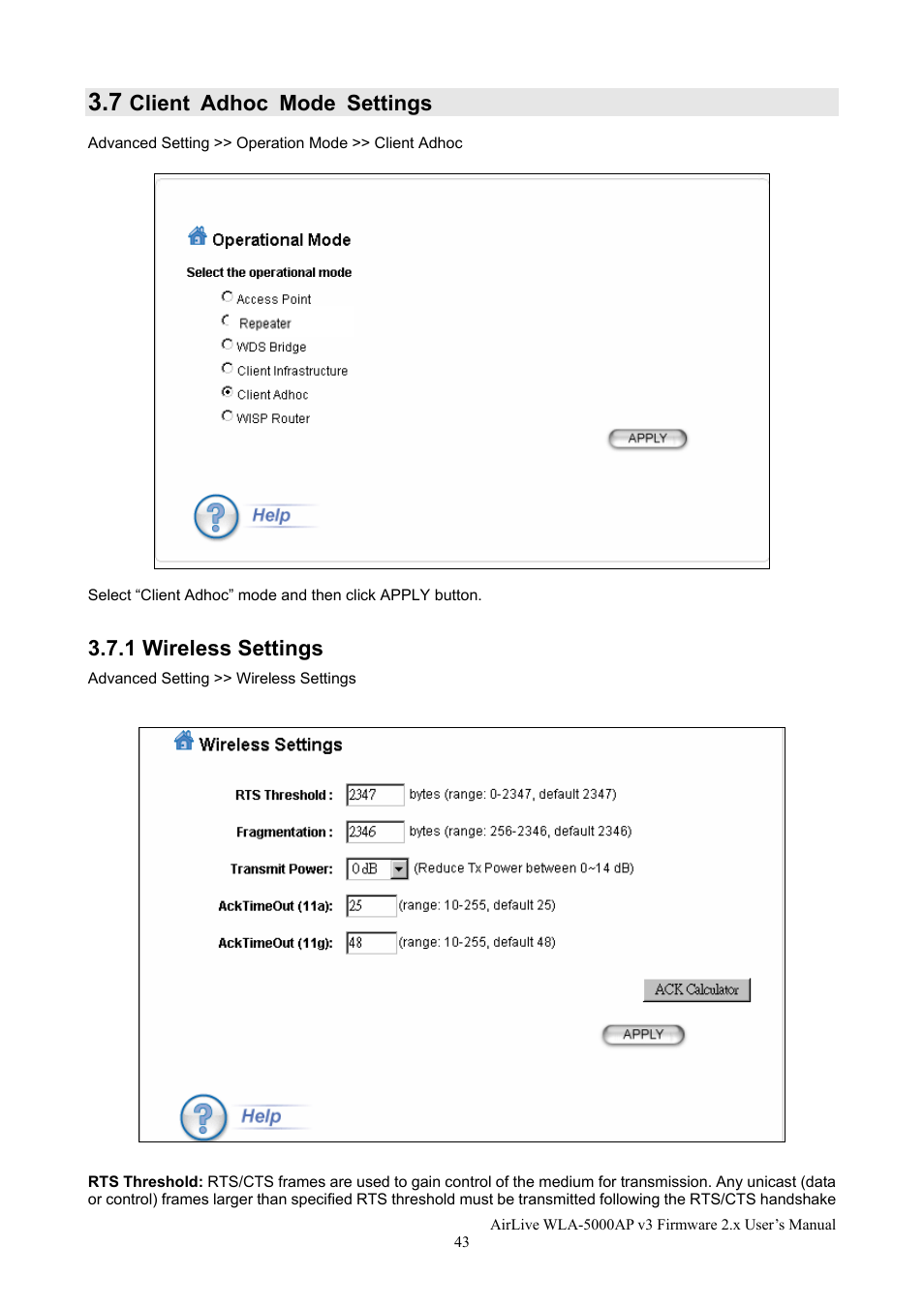 Client adhoc mode settings, 1 wireless settings | AirLive WLA-5000AP v3 User Manual | Page 49 / 77