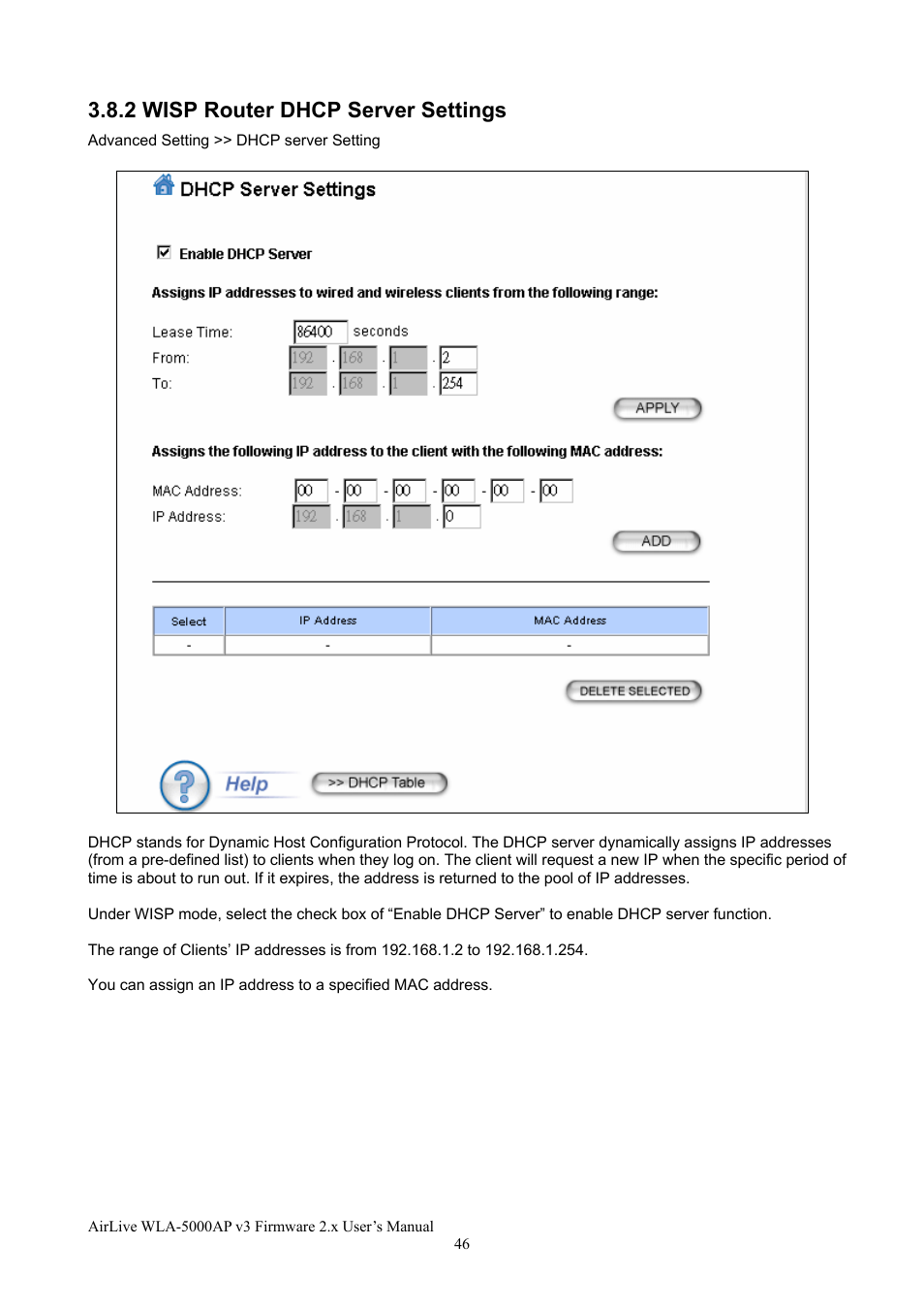 2 wisp router dhcp server settings | AirLive WLA-5000AP v3 User Manual | Page 52 / 77