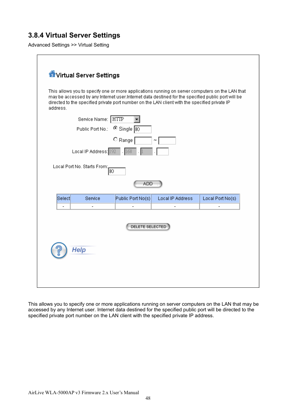 4 virtual server settings | AirLive WLA-5000AP v3 User Manual | Page 54 / 77