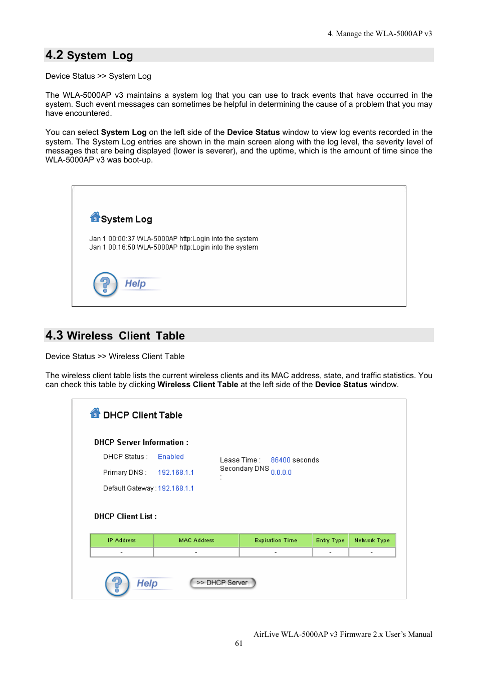 System log, Wireless client table | AirLive WLA-5000AP v3 User Manual | Page 67 / 77