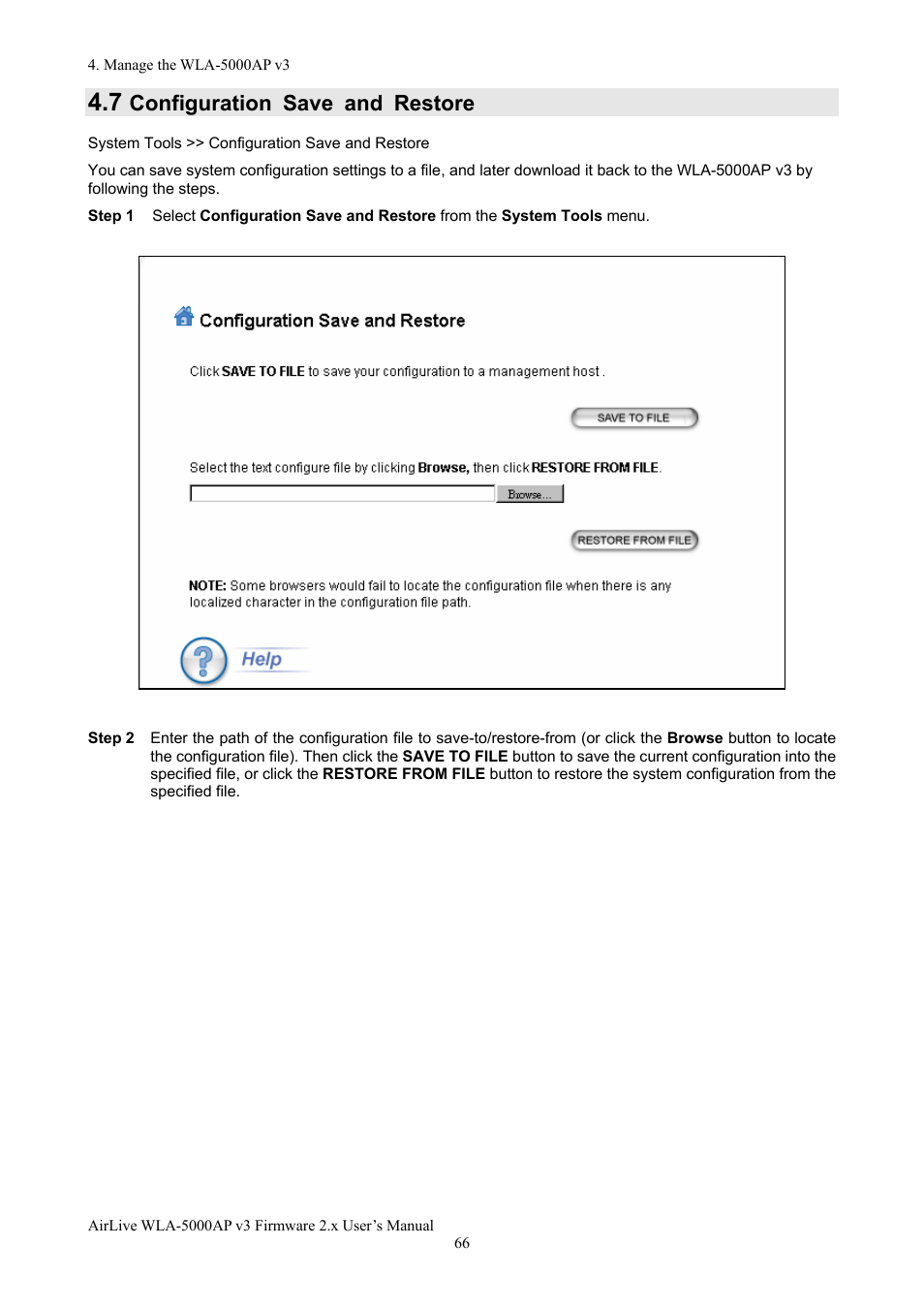 Configuration save and restore | AirLive WLA-5000AP v3 User Manual | Page 72 / 77