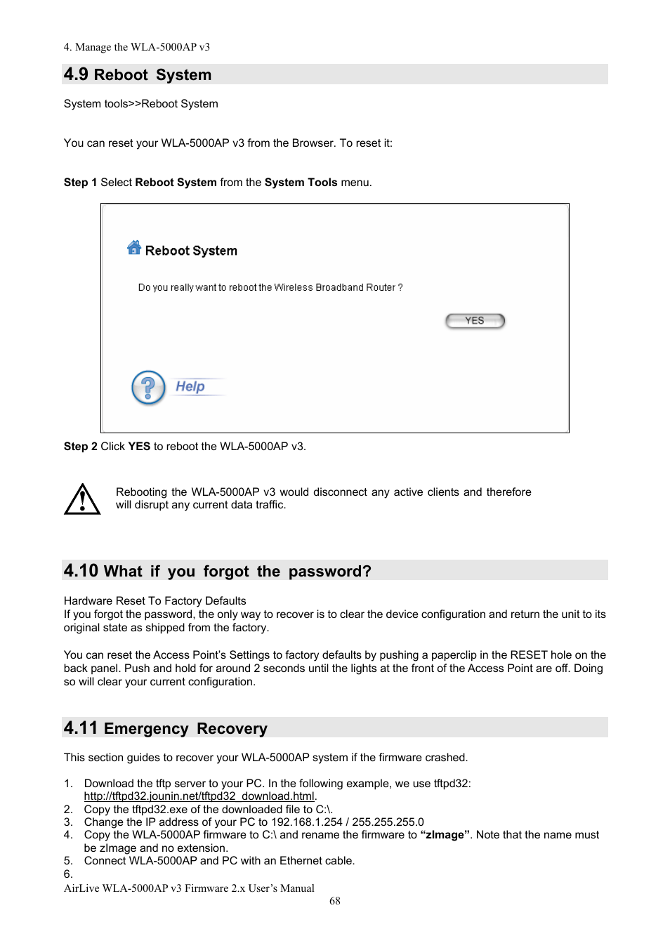 Reboot system, What if you forgot the password, Emergency recovery | AirLive WLA-5000AP v3 User Manual | Page 74 / 77