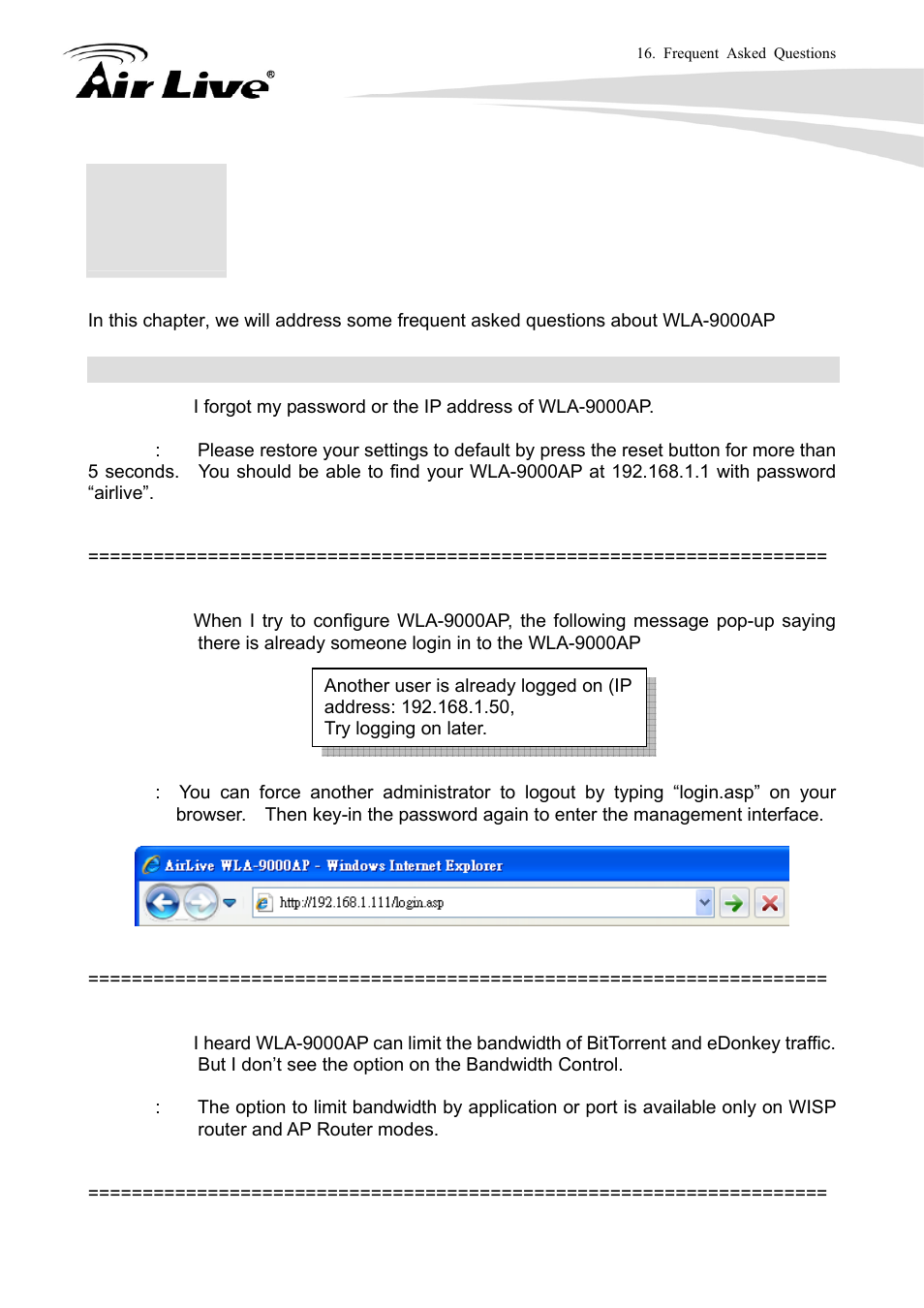 Frequent asked questions | AirLive WLA-9000AP User Manual | Page 151 / 171