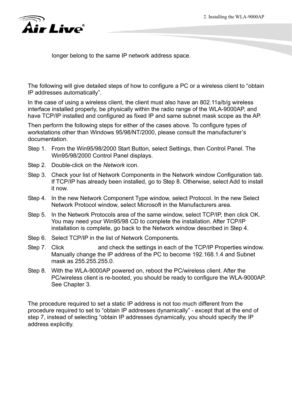 2 set up a wireless client as a fixed ip client | AirLive WLA-9000AP User Manual | Page 17 / 171