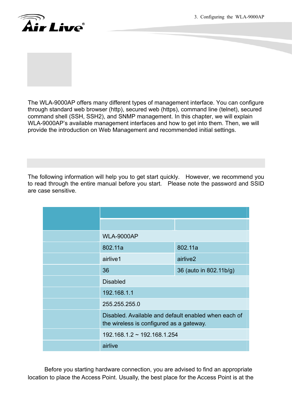 Configuring the wla-9000ap, 1 important information | AirLive WLA-9000AP User Manual | Page 18 / 171