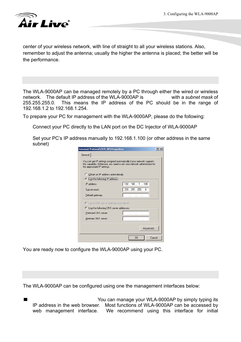 2 prepare your pc, 3 management interface, Web management (http) | AirLive WLA-9000AP User Manual | Page 19 / 171