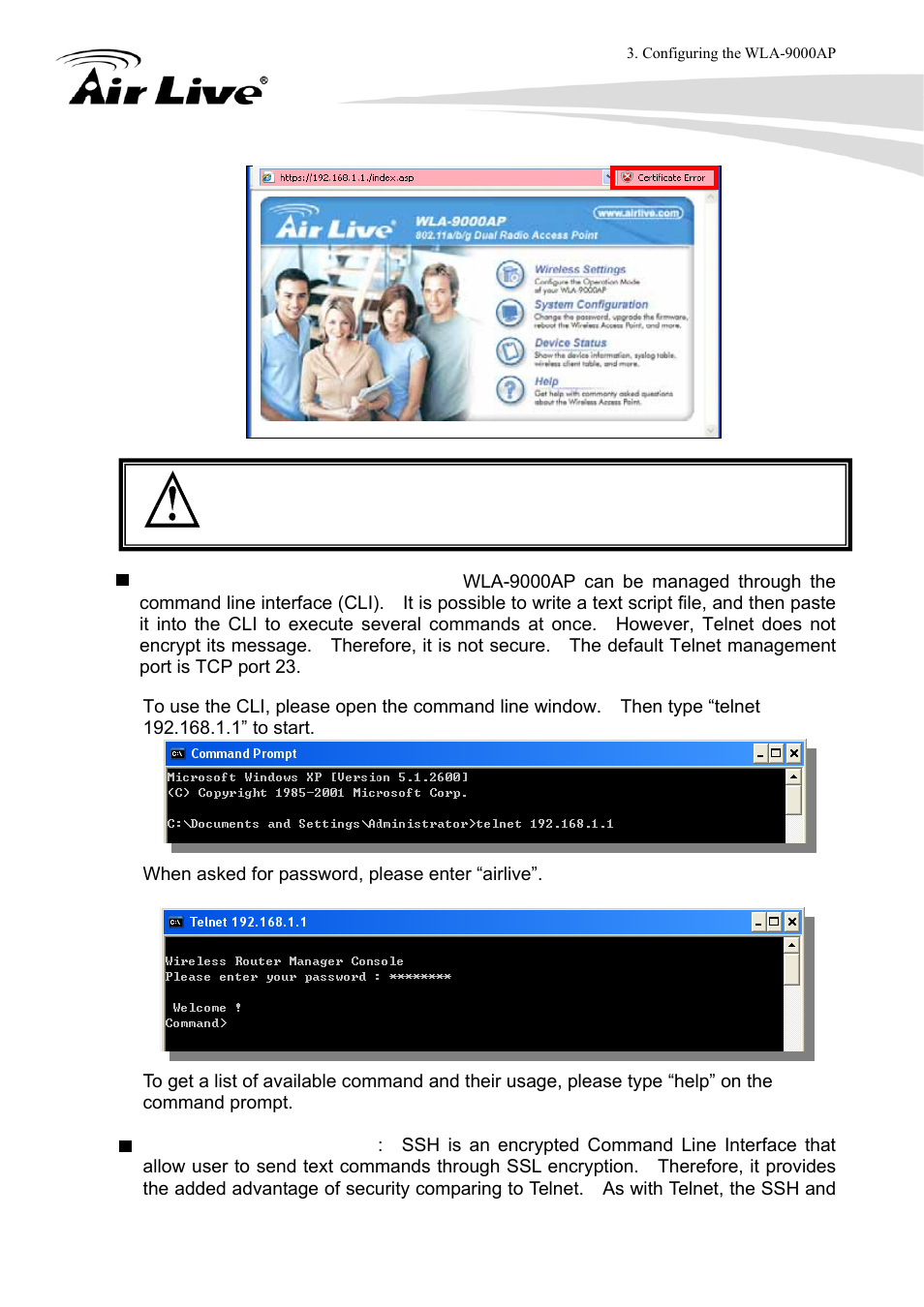 Command line interface (telnet), Secure shell (ssh, ssh2) | AirLive WLA-9000AP User Manual | Page 21 / 171