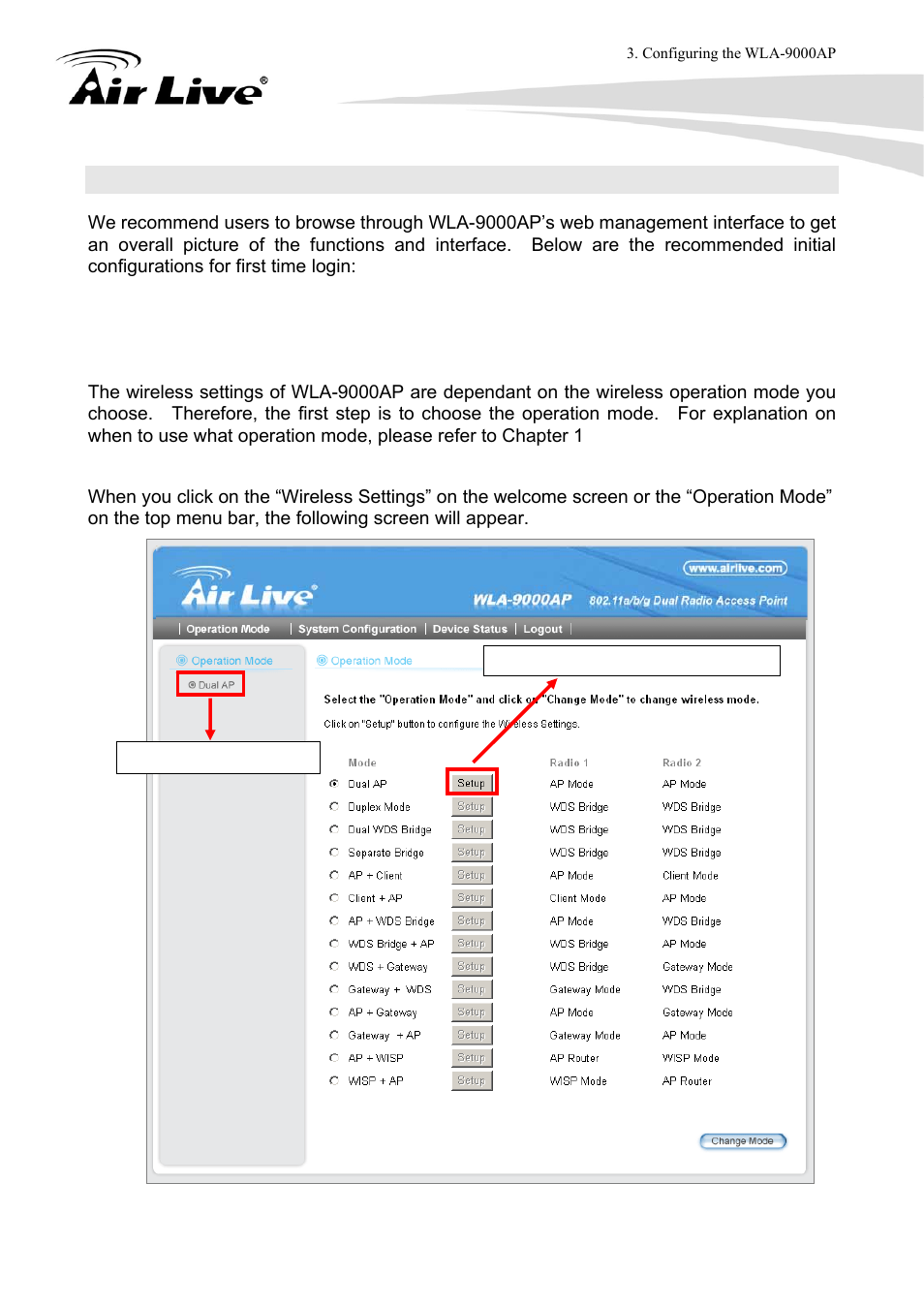 5 initial configuration, 1 choose the wireless operation modes | AirLive WLA-9000AP User Manual | Page 29 / 171