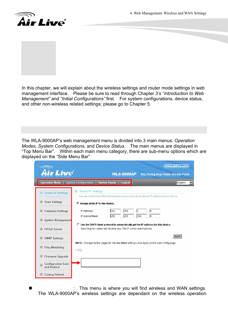 Web management: wireless and wan settings, 1 about wla-9000ap menu structure | AirLive WLA-9000AP User Manual | Page 35 / 171