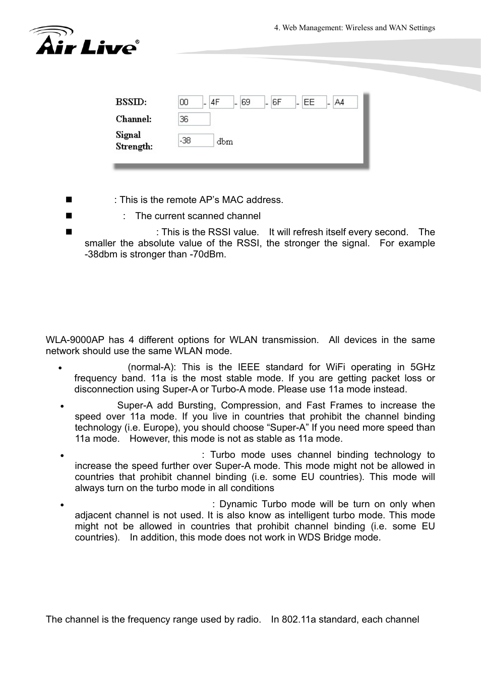 4 radio mode (11a, supera, turboa), 5 channel | AirLive WLA-9000AP User Manual | Page 41 / 171