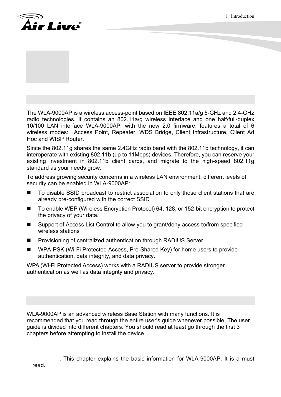 Introduction, 1 overview, 2 how to use this guide | AirLive WLA-9000AP User Manual | Page 8 / 171