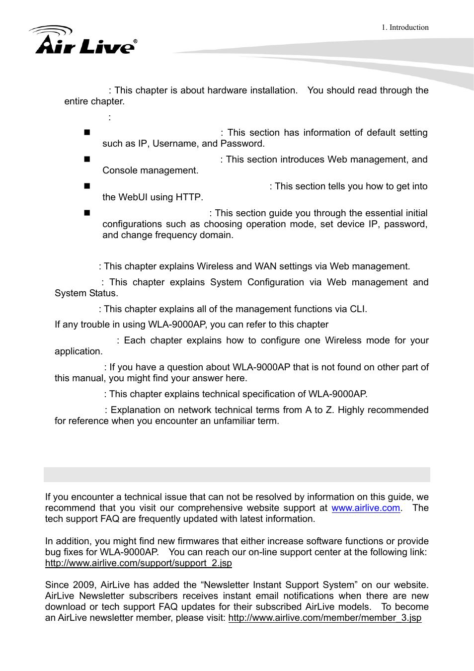 3 firmware upgrade and tech support | AirLive WLA-9000AP User Manual | Page 9 / 171