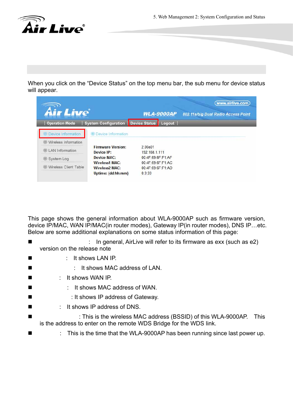 2 device status, 1 device information | AirLive WLA-9000AP User Manual | Page 99 / 171