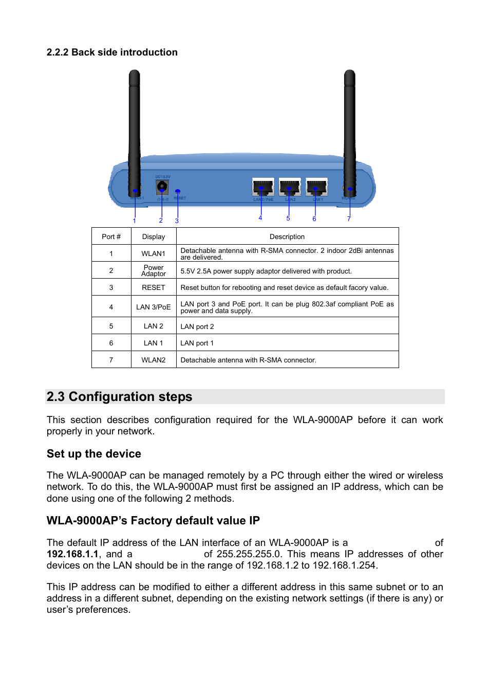 3 configuration steps, Set up the device, Wla-9000ap’s factory default value ip | 2 back side introduction | AirLive WLA-9000AP PCBA User Manual | Page 10 / 53