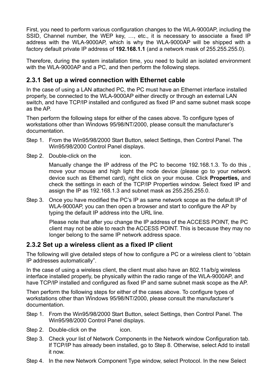 1 set up a wired connection with ethernet cable, 2 set up a wireless client as a fixed ip client | AirLive WLA-9000AP PCBA User Manual | Page 11 / 53