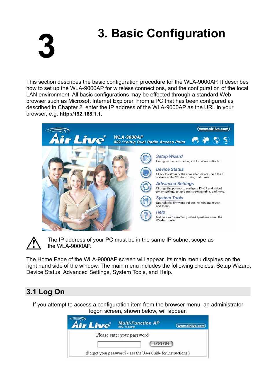 Basic configuration, 1 log on | AirLive WLA-9000AP PCBA User Manual | Page 13 / 53