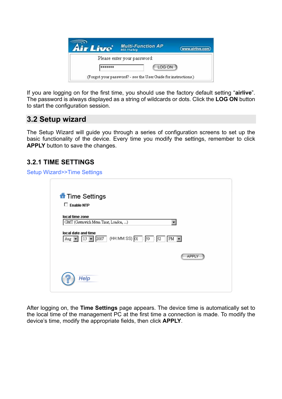 2 setup wizard, 1 time settings | AirLive WLA-9000AP PCBA User Manual | Page 14 / 53