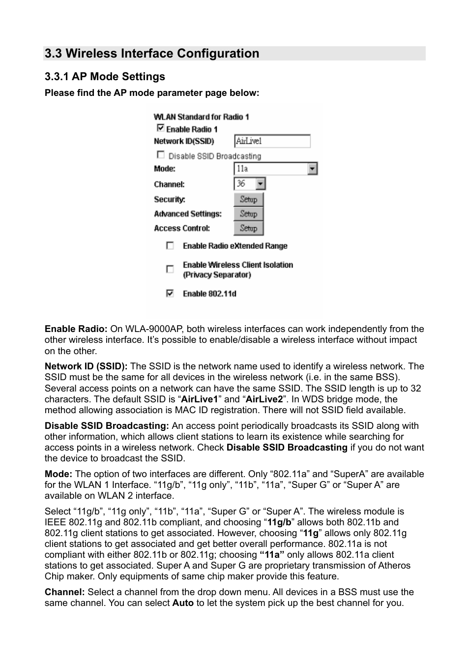 3 wireless interface configuration, 1 ap mode settings | AirLive WLA-9000AP PCBA User Manual | Page 18 / 53
