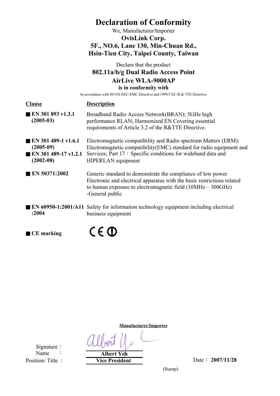 Ce declaration of conformity, Declaration of conformity | AirLive WLA-9000AP PCBA User Manual | Page 2 / 53