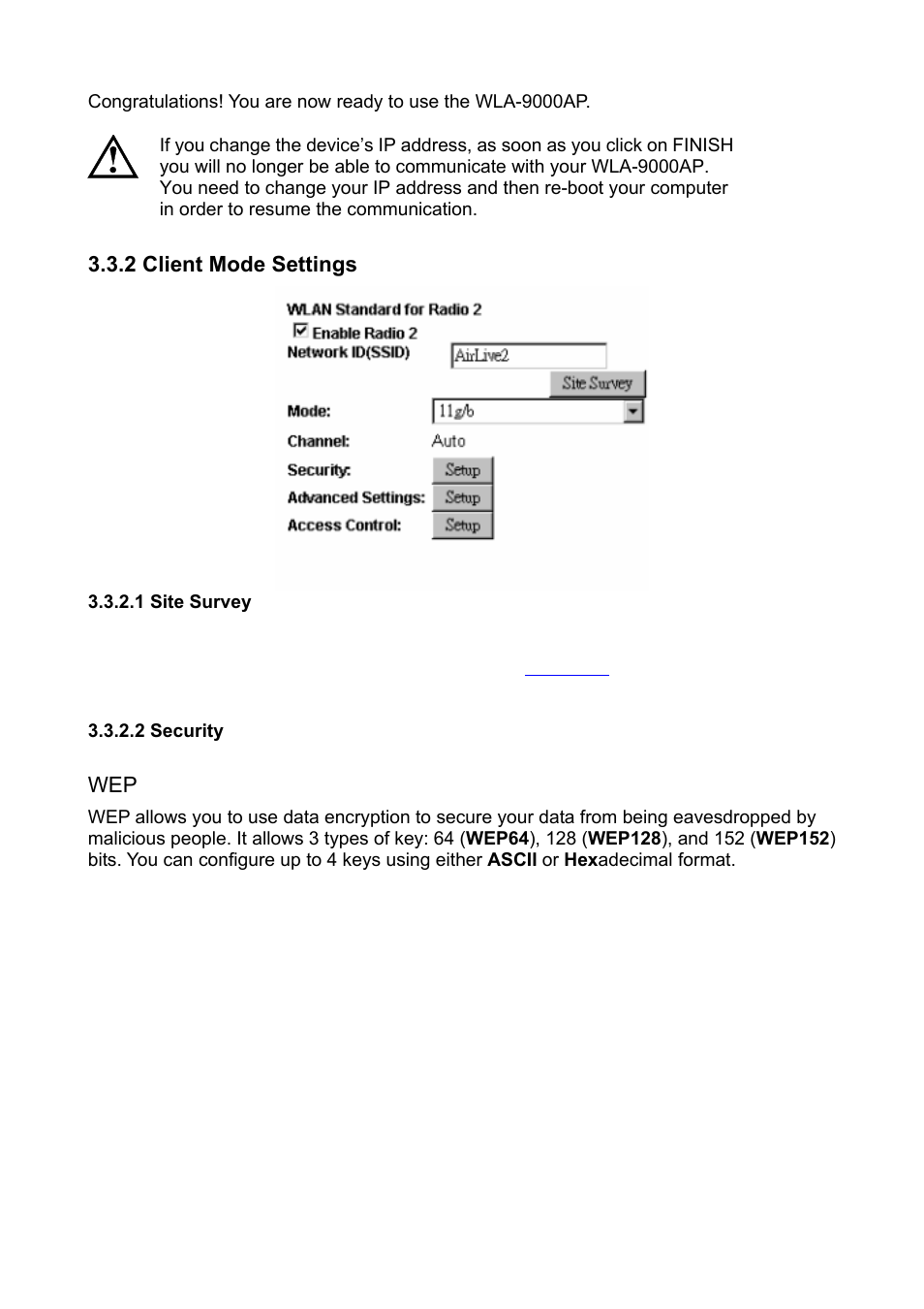 2 client mode settings | AirLive WLA-9000AP PCBA User Manual | Page 28 / 53