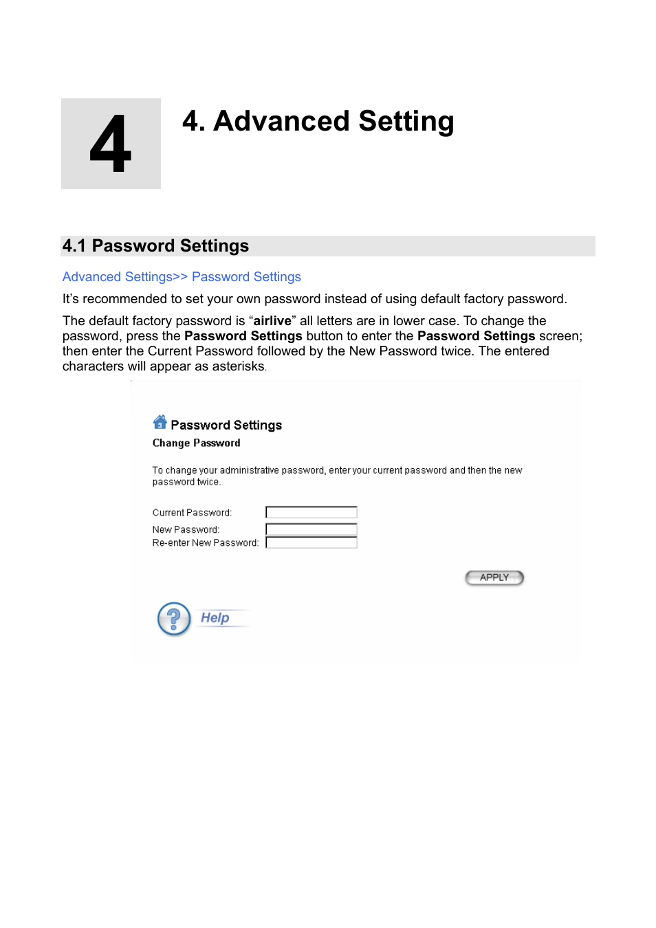 Advanced setting, 1 password settings | AirLive WLA-9000AP PCBA User Manual | Page 38 / 53