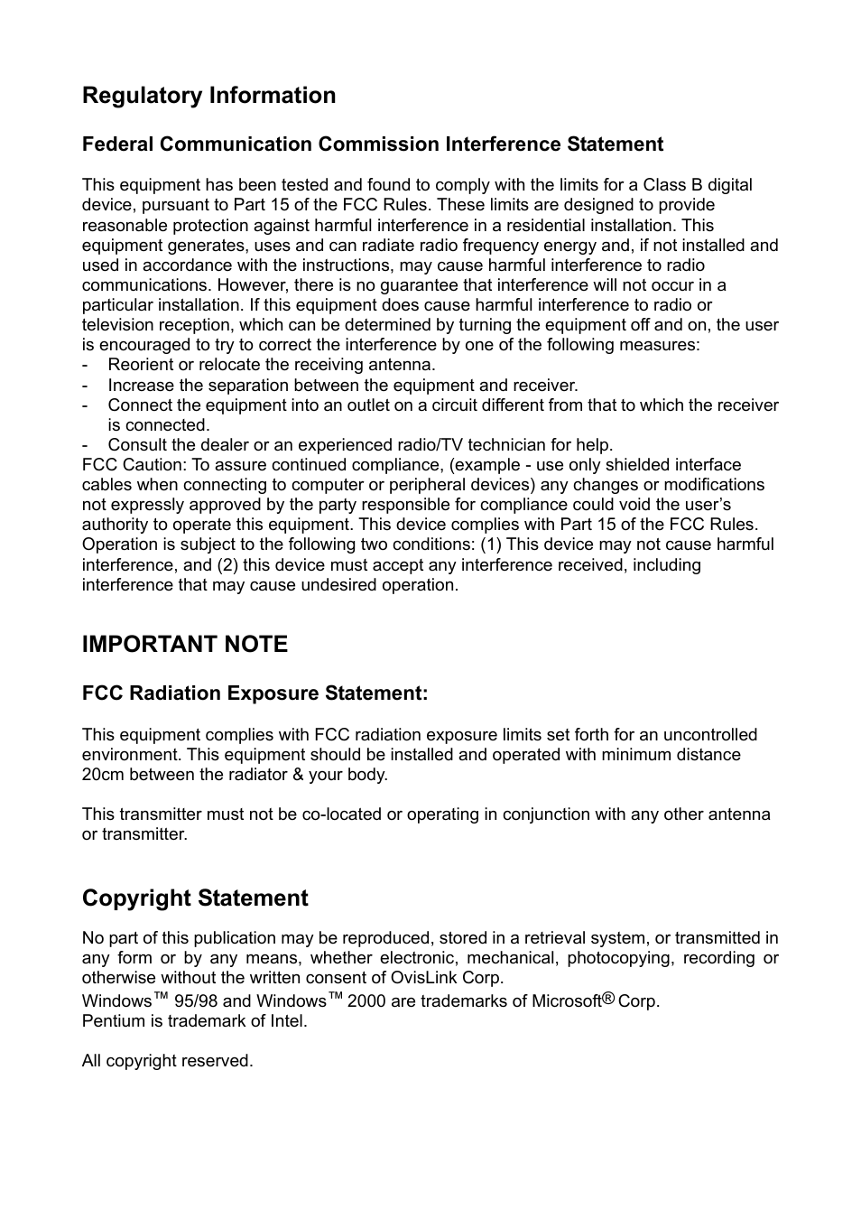 Fcc statements & copyright statement, Regulatory information, Copyright statement | AirLive WLA-9000AP PCBA User Manual | Page 4 / 53