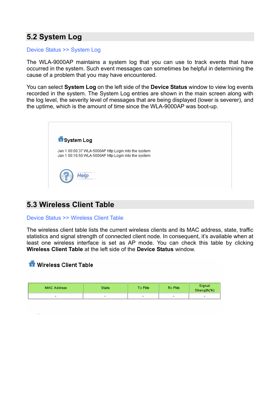 2 system log, 3 wireless client table | AirLive WLA-9000AP PCBA User Manual | Page 45 / 53