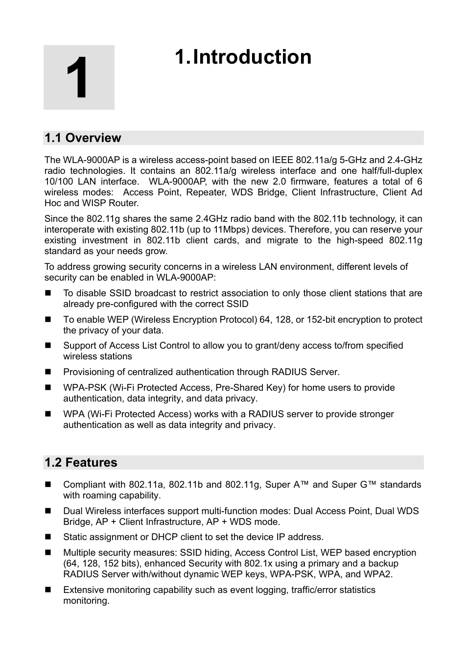 Introduction, 1 overview, 2 features | AirLive WLA-9000AP PCBA User Manual | Page 6 / 53