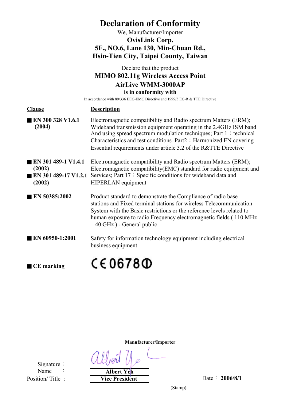 Sheet1, Declaration of conformity | AirLive WMM-3000AP User Manual | Page 2 / 50