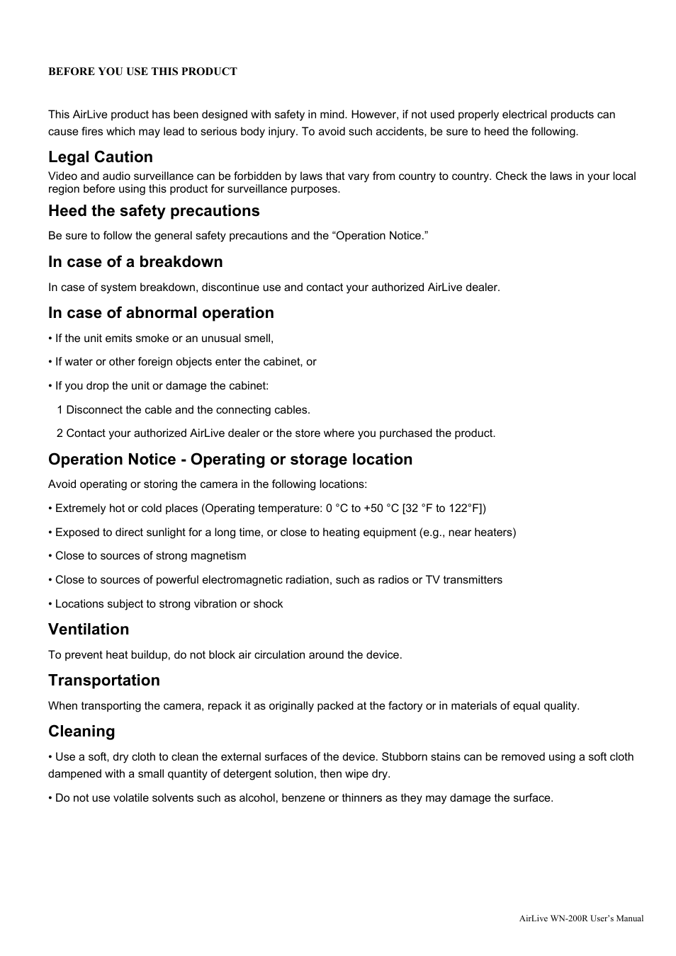 Legal caution, Heed the safety precautions, Operation notice - operating or storage location | Ventilation, Transportation, Cleaning | AirLive WN-200R User Manual | Page 2 / 95