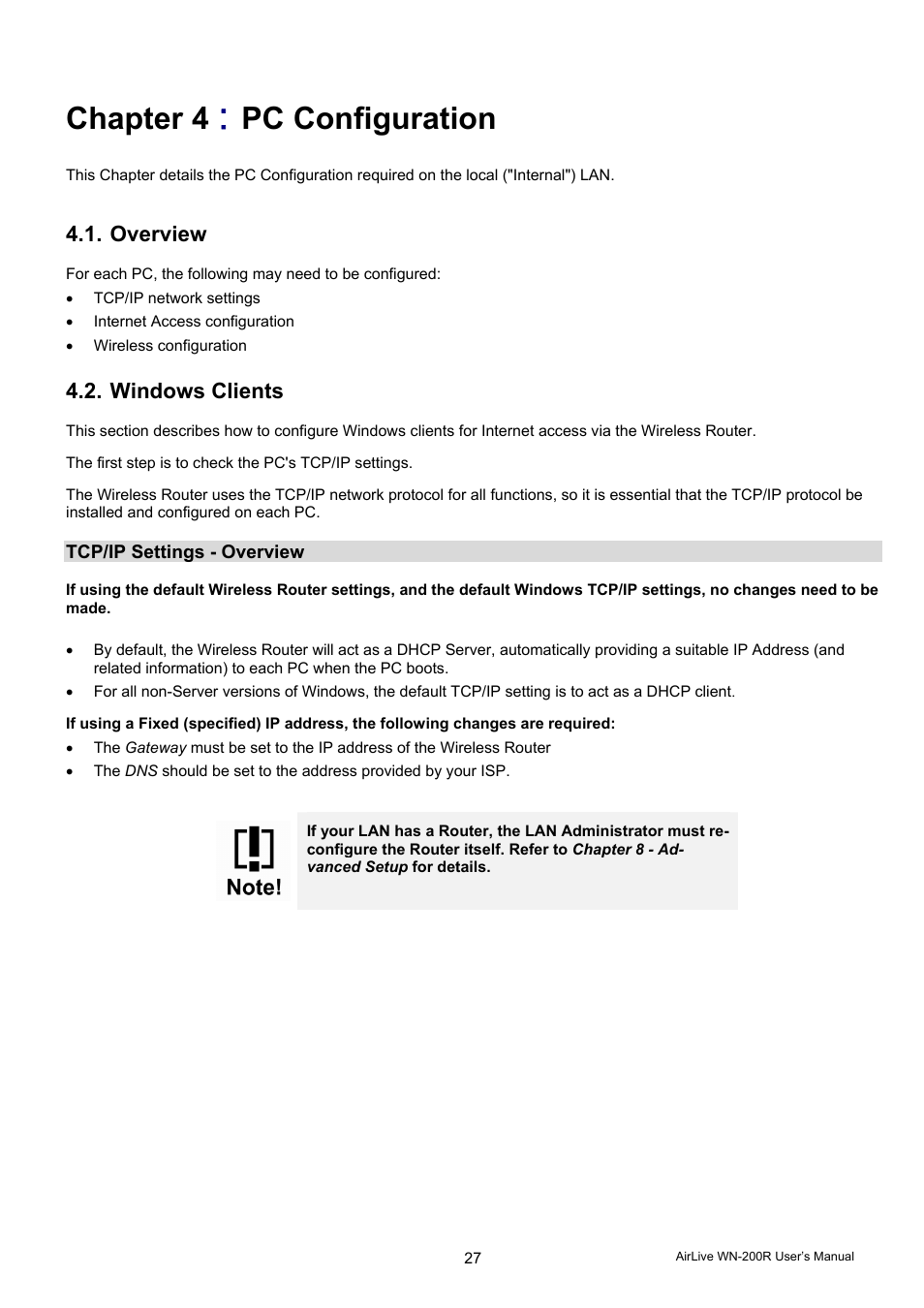 Chapter 4, Pc configuration | AirLive WN-200R User Manual | Page 31 / 95