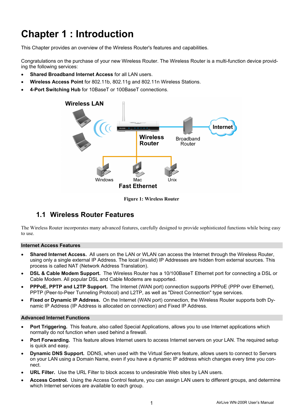 Chapter 1 : introduction, 1 wireless router features | AirLive WN-200R User Manual | Page 5 / 95