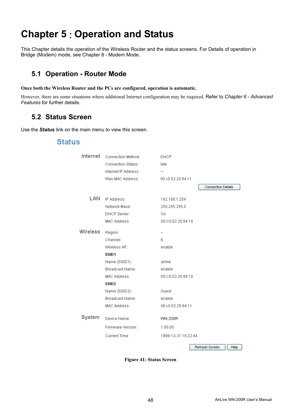 Chapter 5 : operation and status, 1 operation - router mode, 2 status screen | AirLive WN-200R User Manual | Page 52 / 95