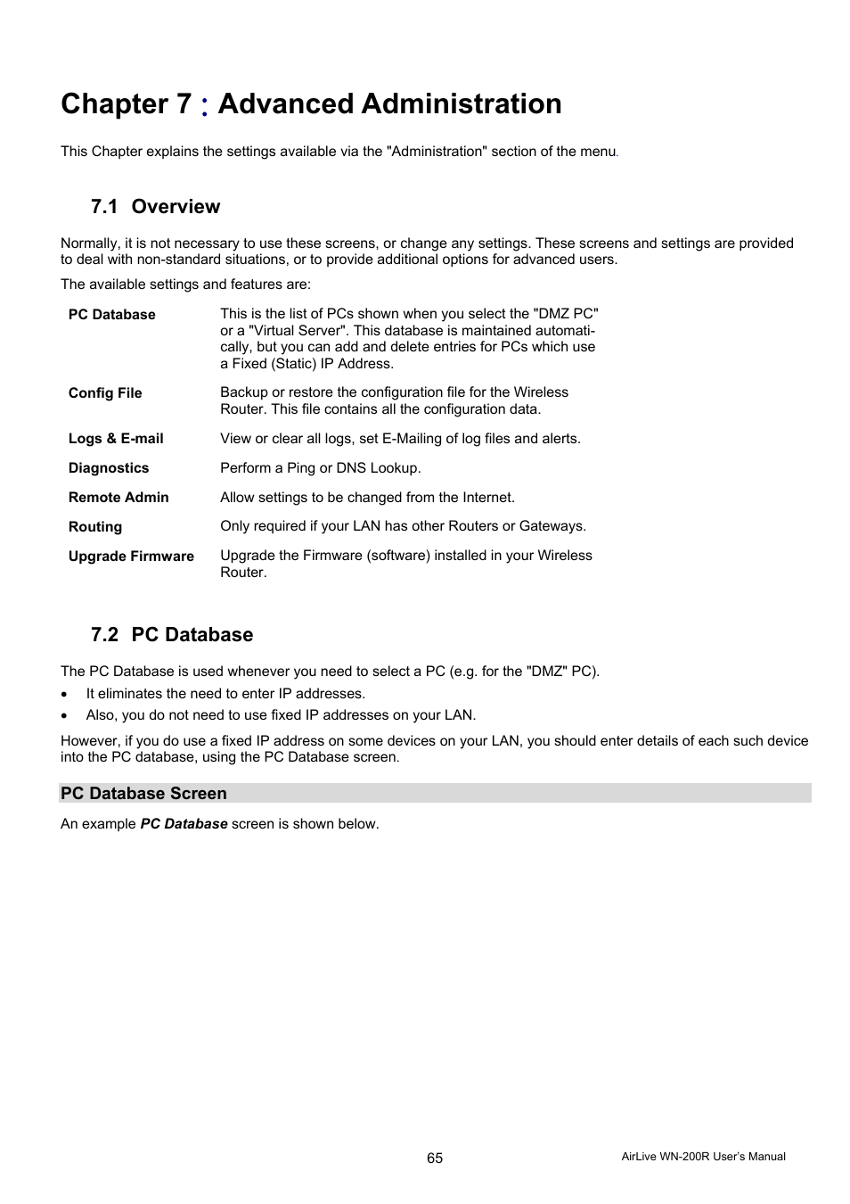 Chapter 7, Advanced administration, 1 overview | 2 pc database | AirLive WN-200R User Manual | Page 69 / 95