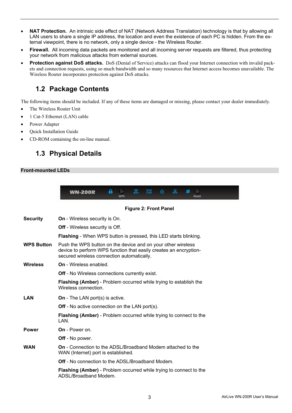 2 package contents, 3 physical details | AirLive WN-200R User Manual | Page 7 / 95