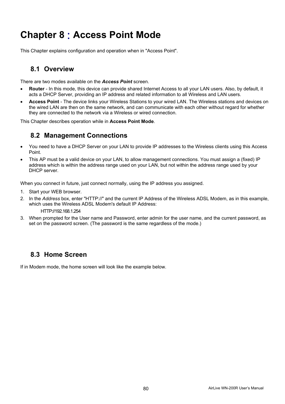 Chapter 8, Access point mode, 1 overview | 2 management connections, 3 home screen | AirLive WN-200R User Manual | Page 84 / 95