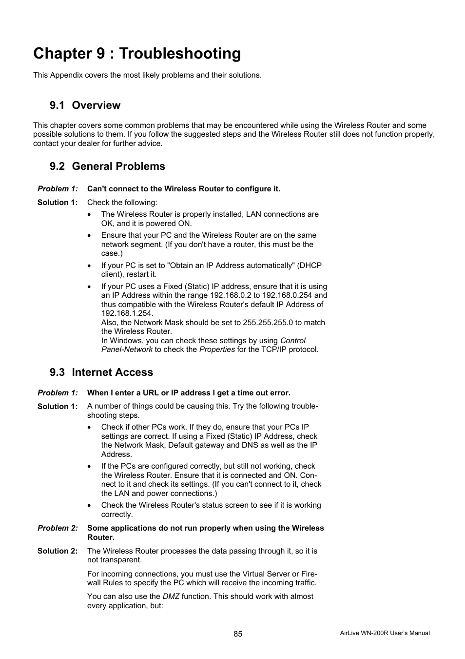 Chapter 9 : troubleshooting, 1 overview, 2 general problems | 3 internet access | AirLive WN-200R User Manual | Page 89 / 95