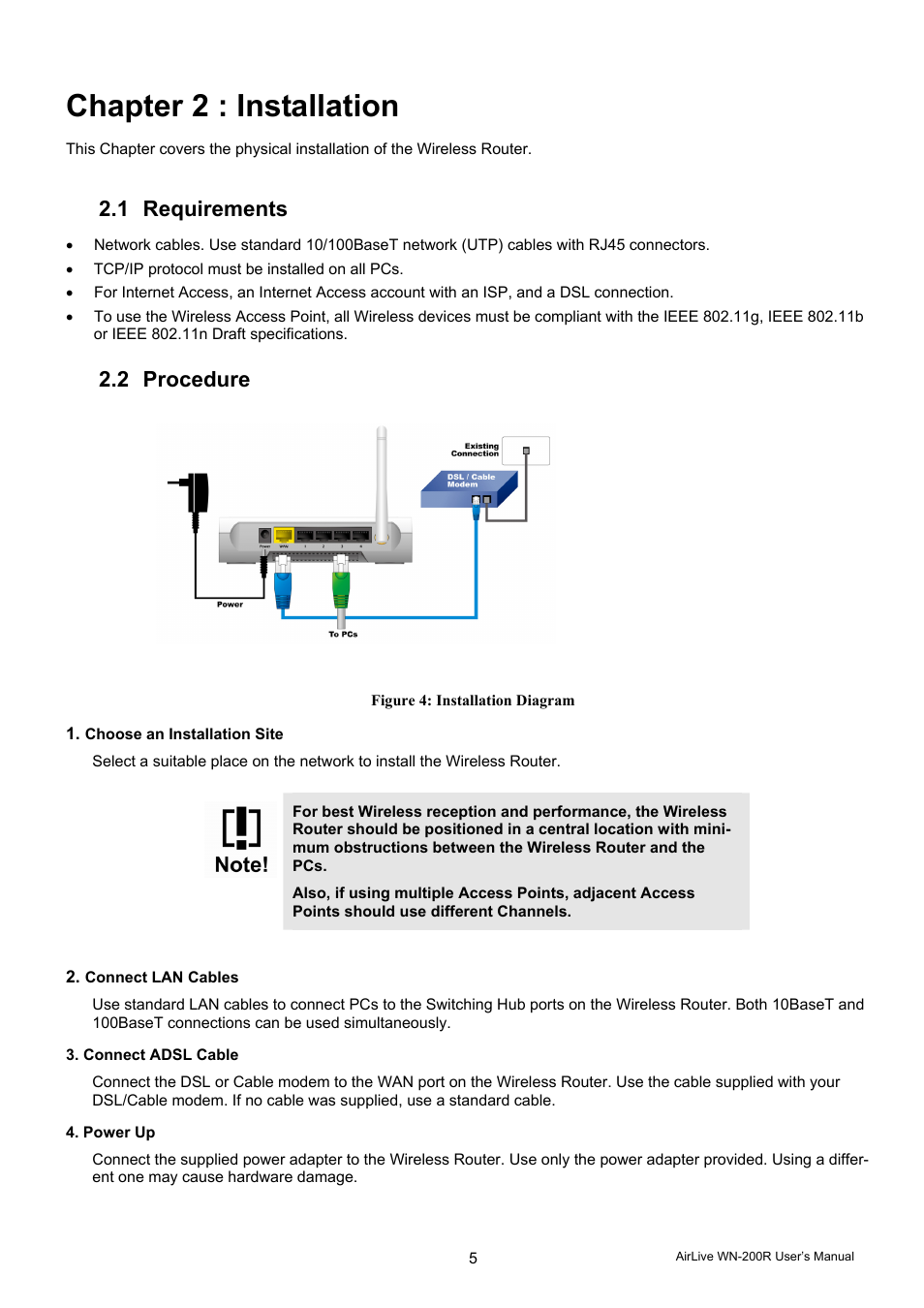 Chapter 2 : installation, 1 requirements, 2 procedure | AirLive WN-200R User Manual | Page 9 / 95