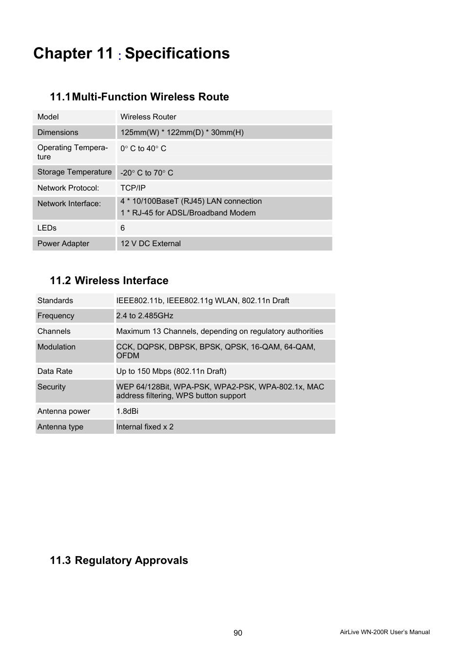 Chapter 11, Specifications, 1 multi-function wireless route r | 2 wireless interface, 3 regulatory approvals | AirLive WN-200R User Manual | Page 94 / 95