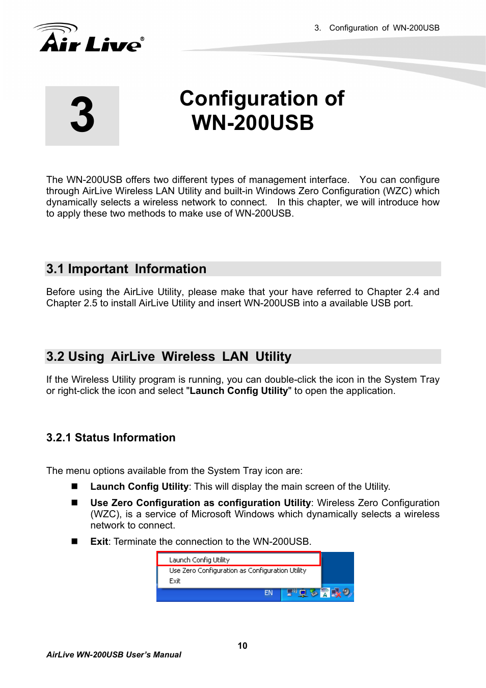 Configuration of wn-200usb, 1 important information, 2 using airlive wireless lan utility | 1 status information | AirLive WN-200USB User Manual | Page 13 / 56