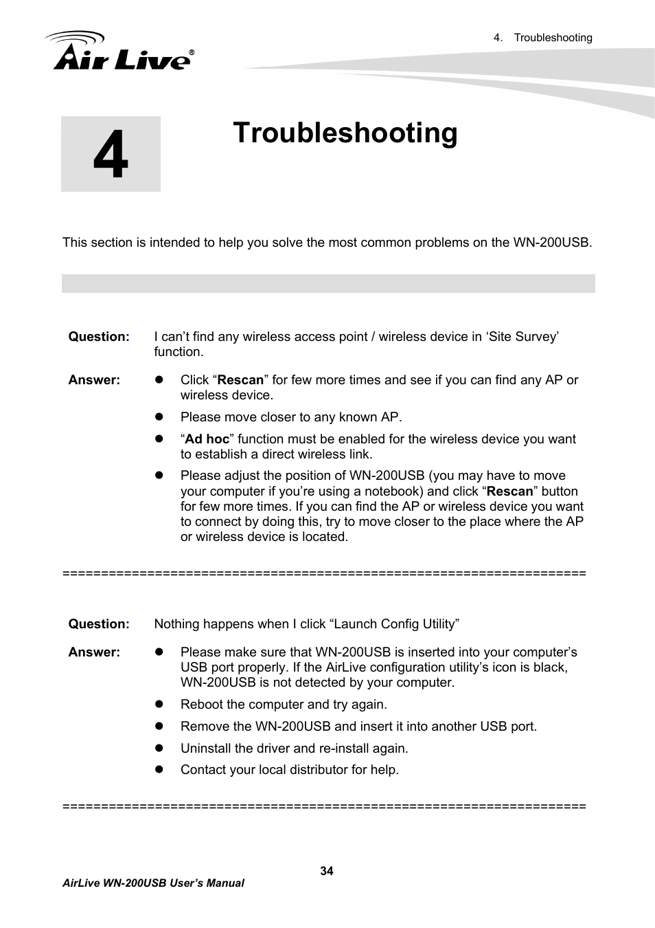 Troubleshooting | AirLive WN-200USB User Manual | Page 37 / 56