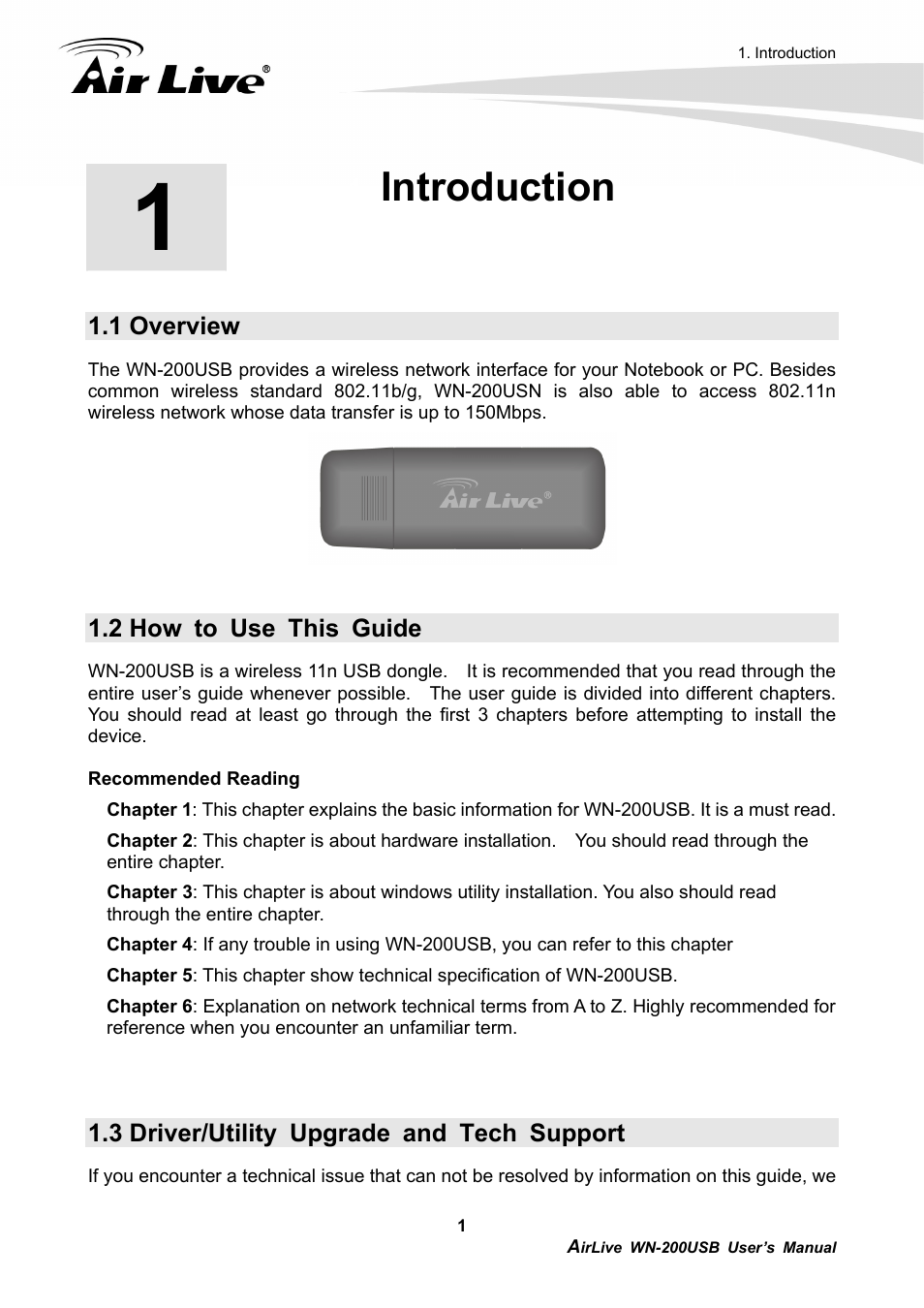 Introduction, 1 overview, 2 how to use this guide | 3 driver/utility upgrade and tech support | AirLive WN-200USB User Manual | Page 4 / 56