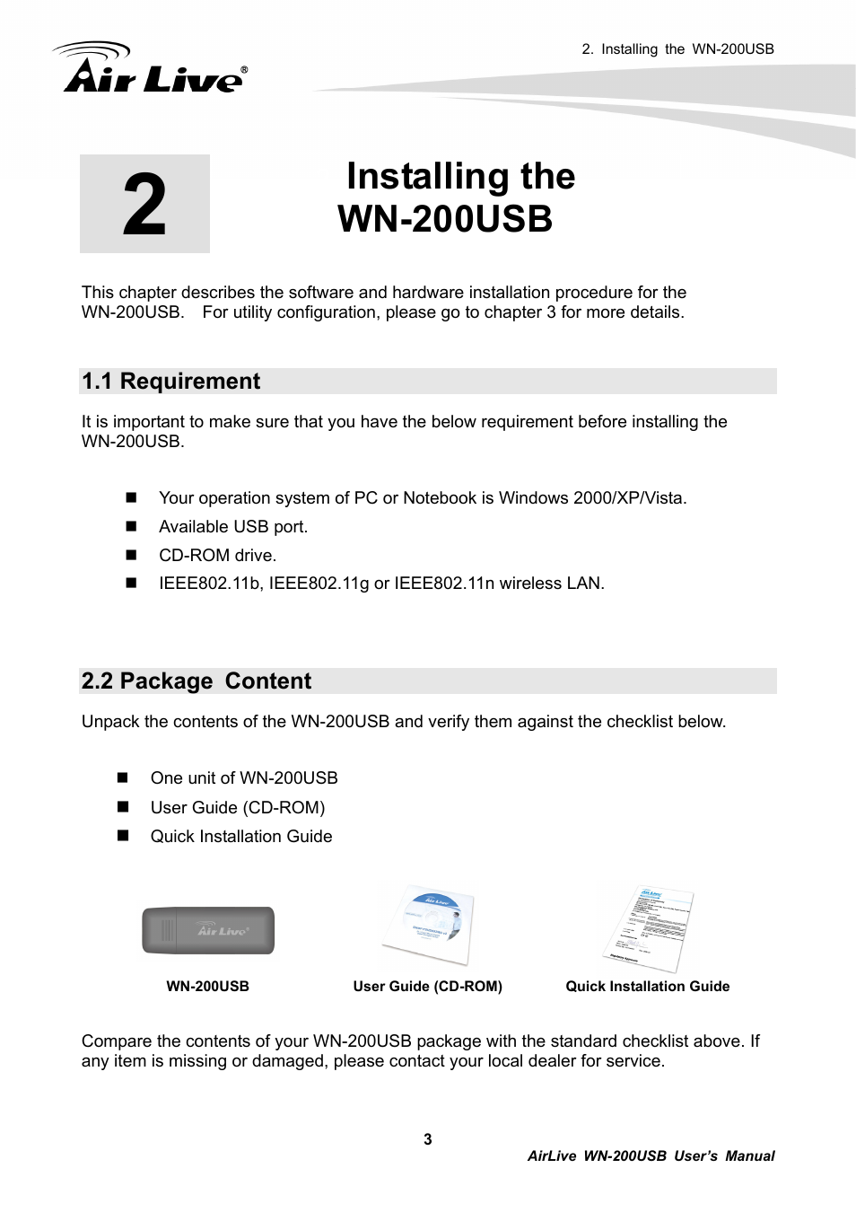 Installing the wn-200usb, 1 requirement, 2 package content | AirLive WN-200USB User Manual | Page 6 / 56